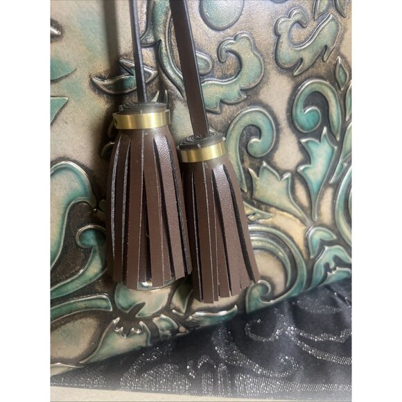 Madi Claire MC Genuine Leather Green Ivy Embossed Shoulder Bag Tassel EUC - Picture 11 of 12